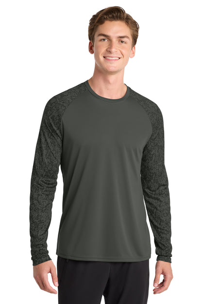 Front View of Black Sport-Tek Long Sleeve Digi Camo Tee. ST460LS