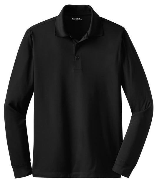 Front View of Black Sport-Tek Long Sleeve Micropique Sport-Wick Polo. ST657
