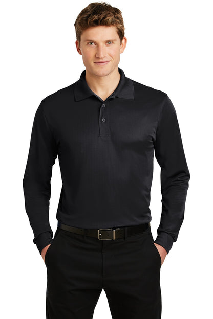 Front View of Black Sport-Tek Long Sleeve Micropique Sport-Wick Polo. ST657