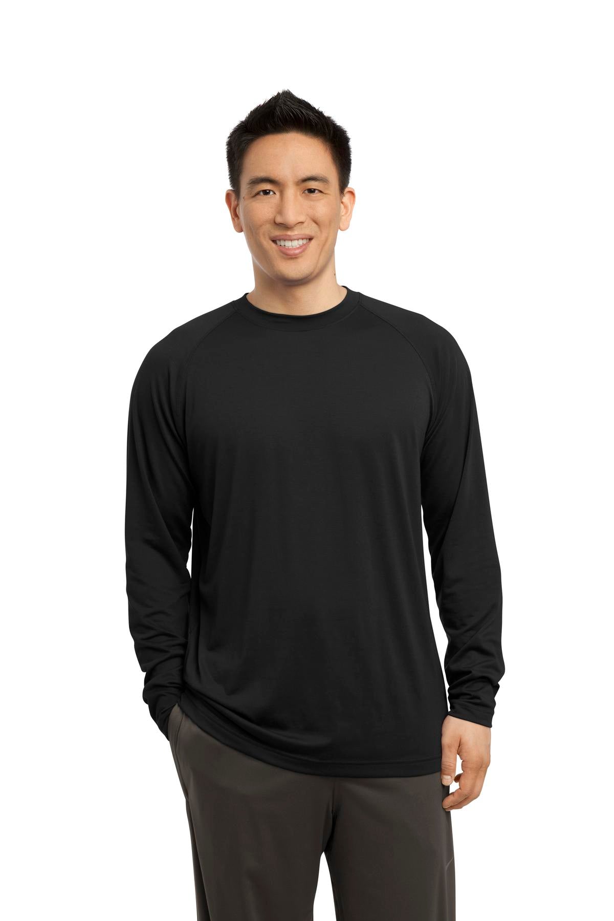 Front View of Black Sport-Tek Long Sleeve Ultimate Performance Crew. ST700LS
