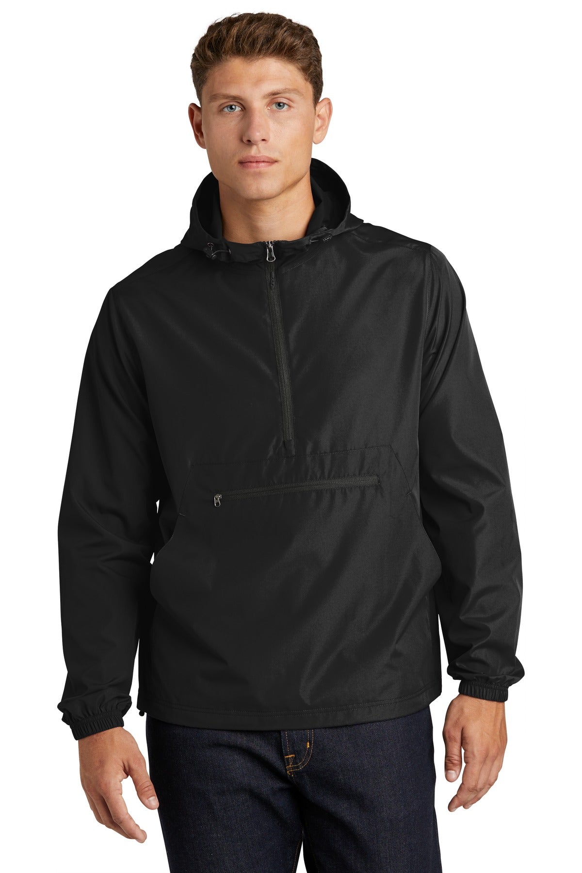Front View of Black Sport-Tek Packable Anorak. JST66