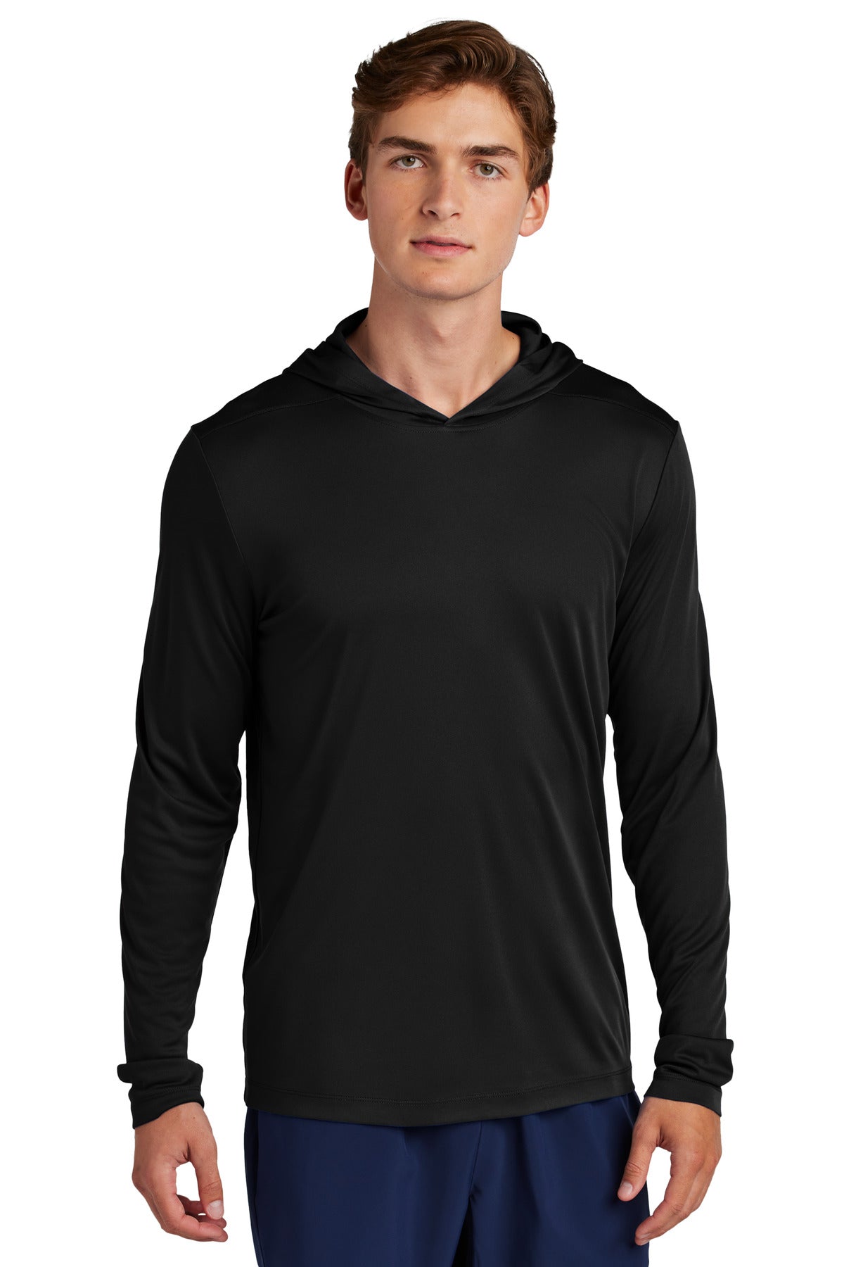 Front View of Black Sport-Tek Posi-UV Pro Long Sleeve Hoodie ST420LSH
