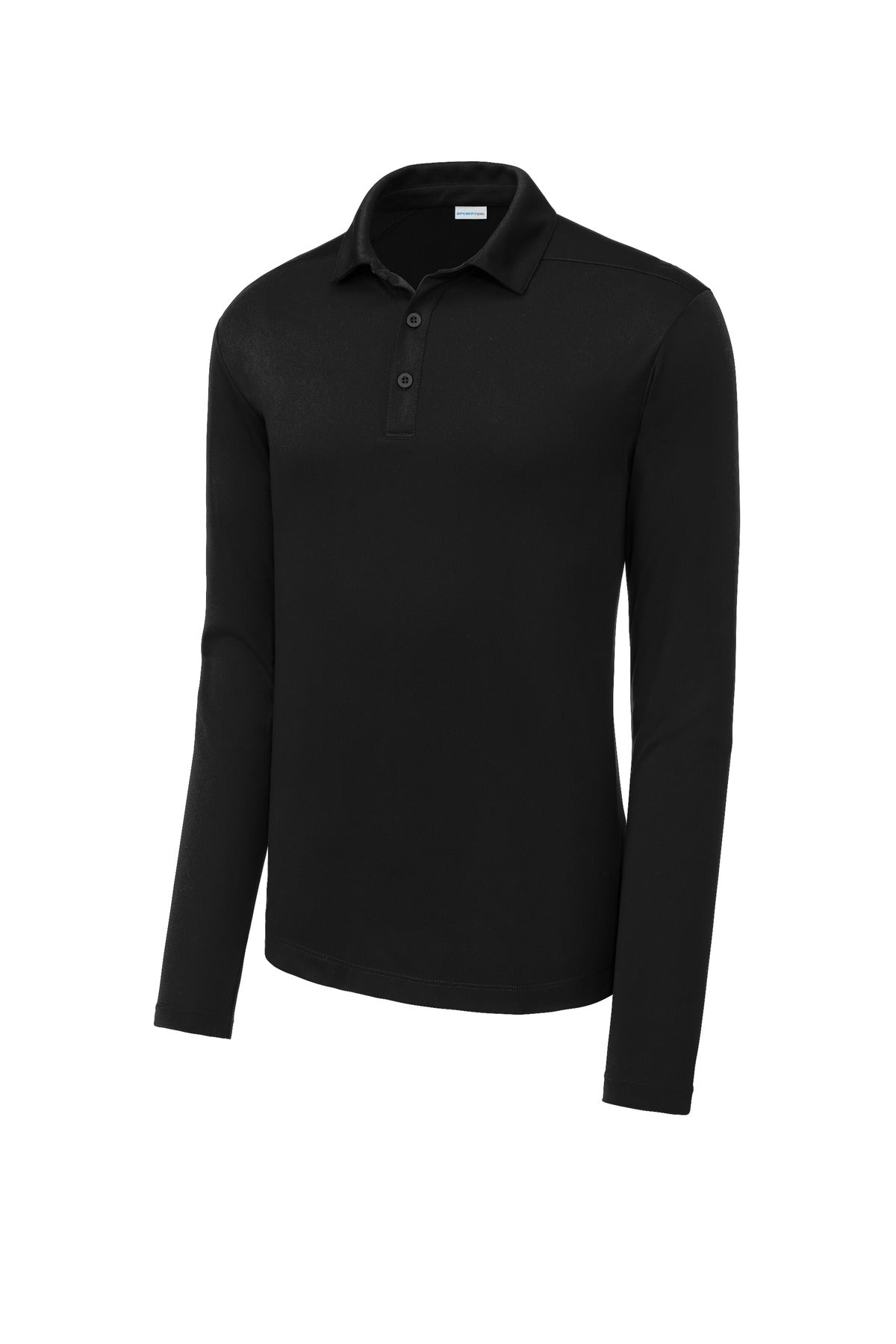 Front View of Black Sport-Tek Posi-UV Pro Long Sleeve Polo. ST520LS