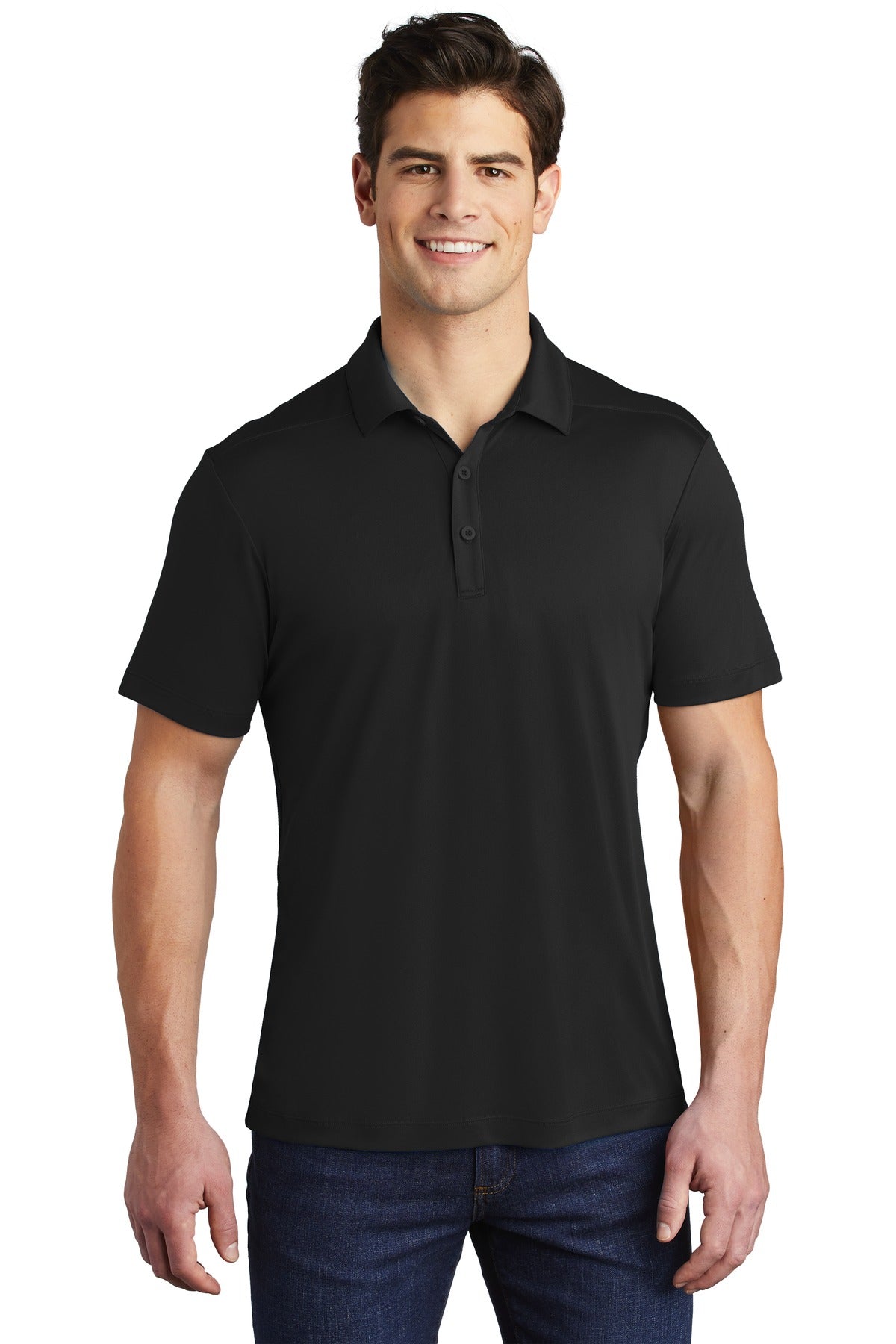 Front View of Black Sport-Tek Posi-UV Pro Polo. ST520
