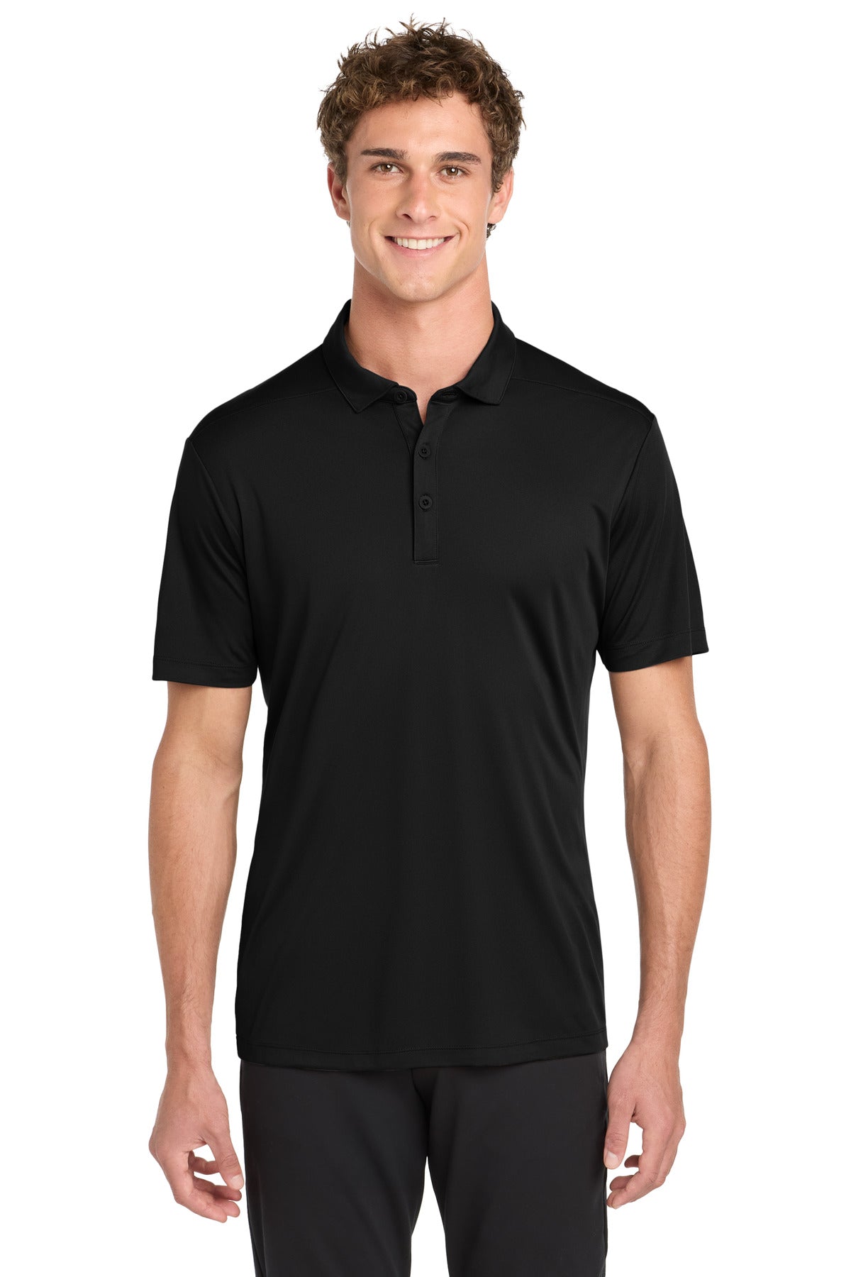 Front View of Black Sport-Tek Posi-UV Pro Polo. ST520