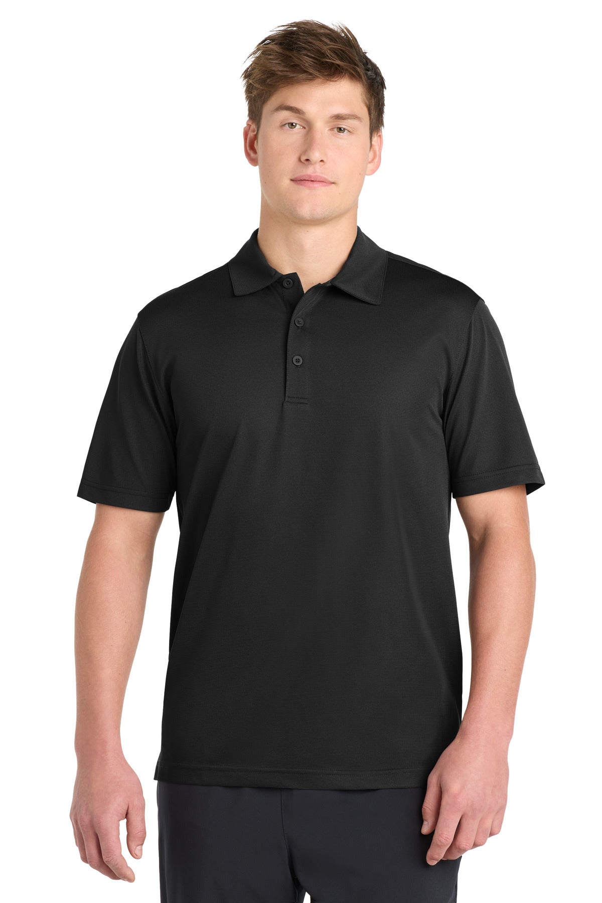 Front View of Black Sport-Tek PosiCharge Active Textured Polo. ST690