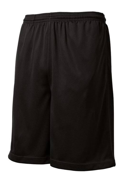 Front View of Black Sport-Tek PosiCharge Tough Mesh Pocket Short. ST312