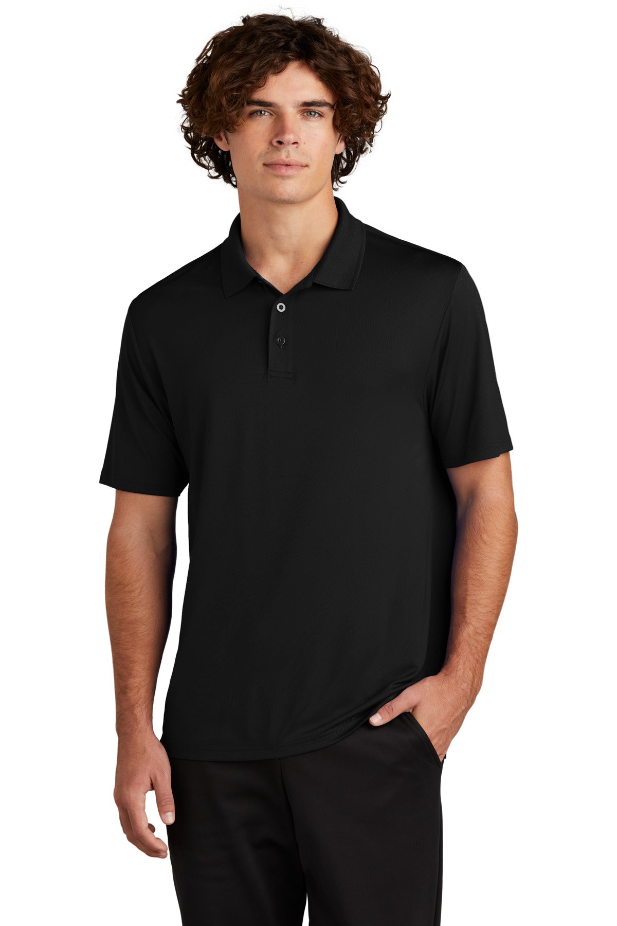 Front View of Black Sport-Tek Sideline Polo ST535