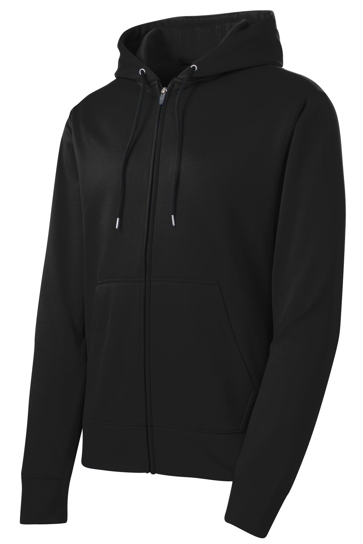 Front View of Black Sport-Tek Sport-Wick Fleece Full-Zip Hooded Jacket. ST238