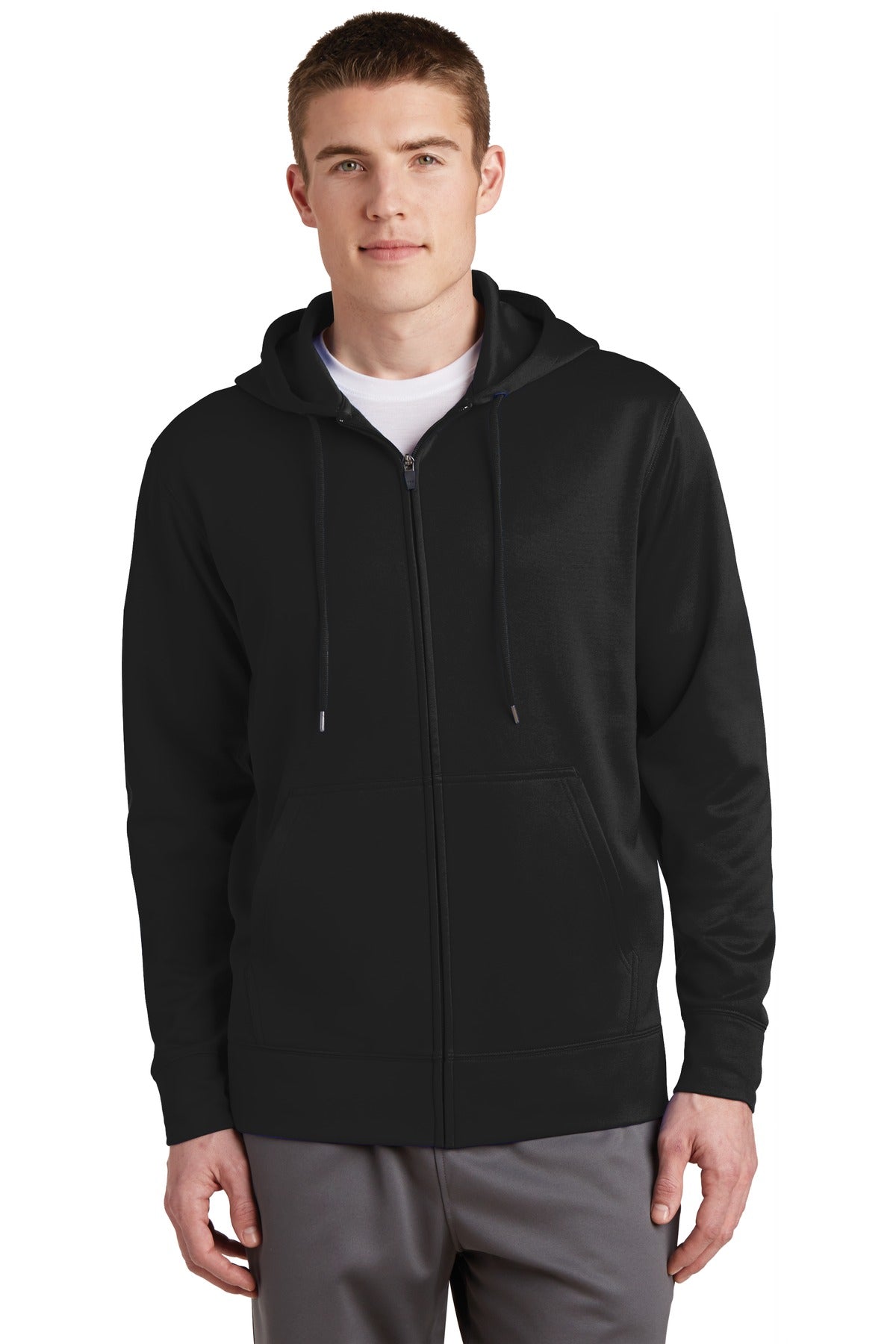 Front View of Black Sport-Tek Sport-Wick Fleece Full-Zip Hooded Jacket. ST238
