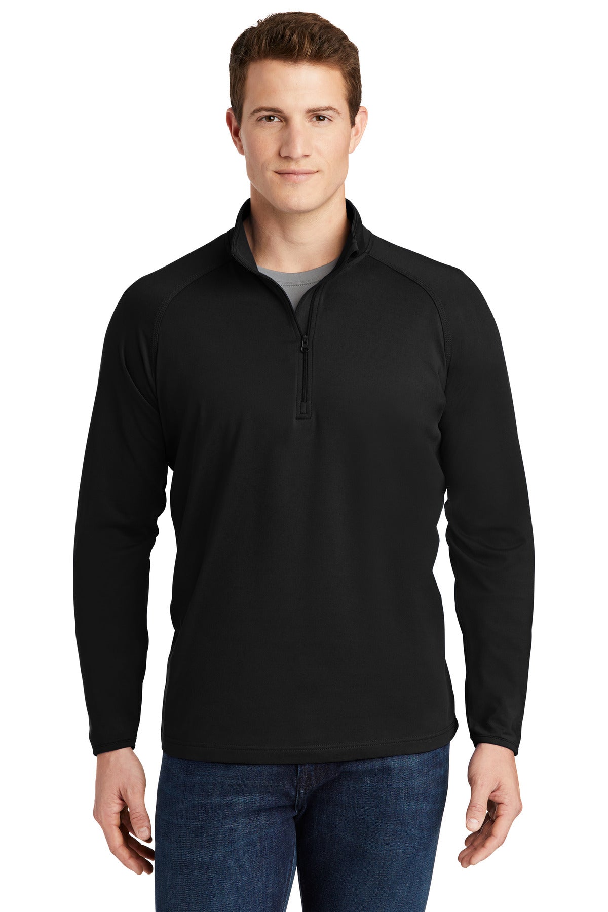 Front View of Black Sport-Tek Sport-Wick Stretch 1/4-Zip Pullover. ST850