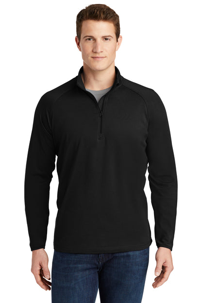 Front View of Black Sport-Tek Sport-Wick Stretch 1/4-Zip Pullover. ST850