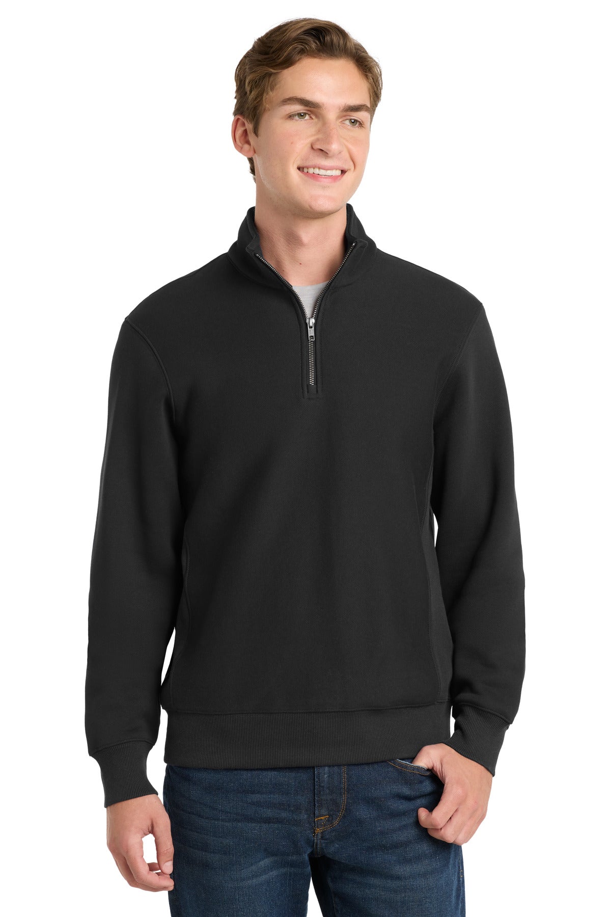 Front View of Black Sport-Tek Super Heavyweight 1/4-Zip Pullover Sweatshirt. ST283
