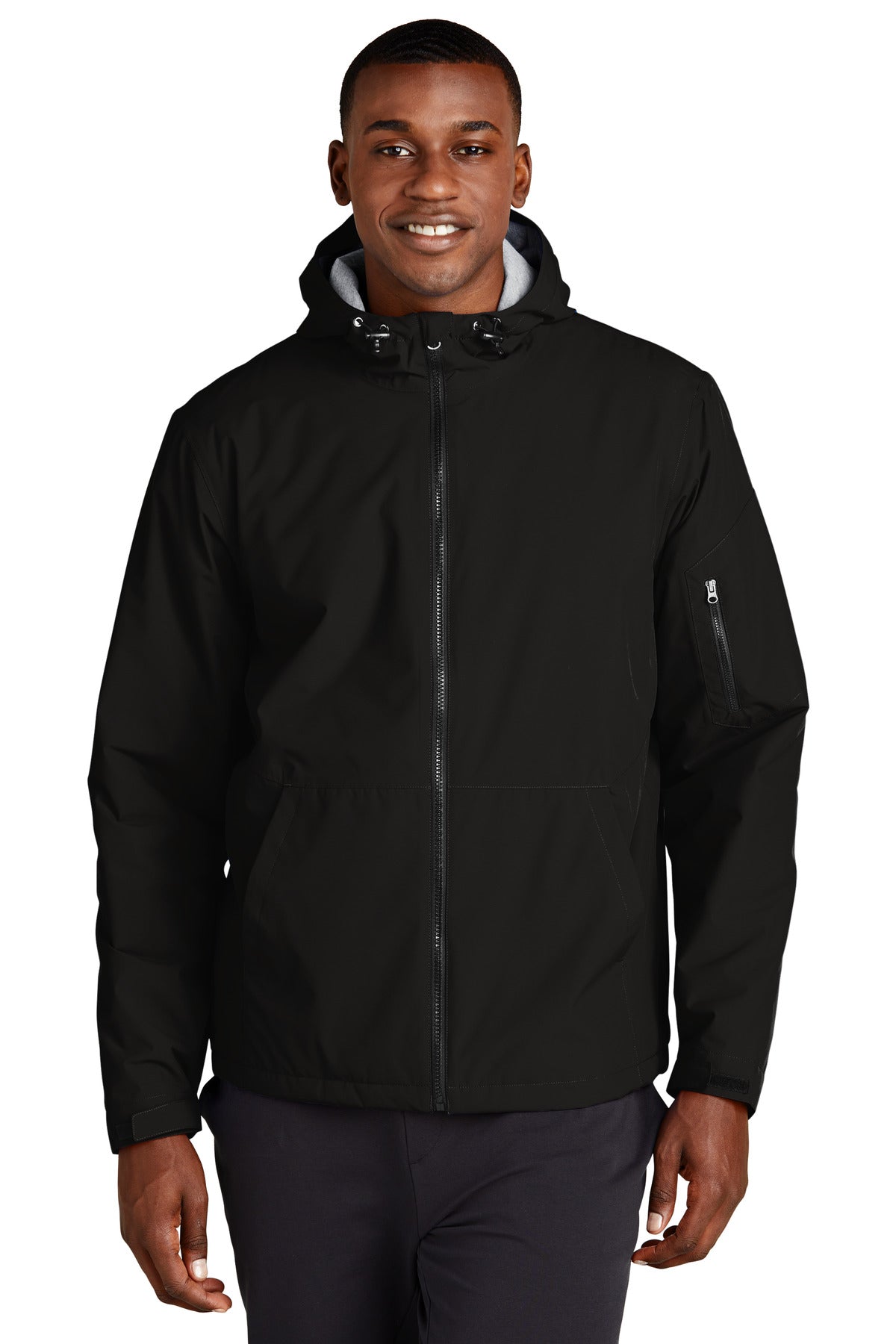 Front View of Black Sport-Tek Waterproof Insulated Jacket JST56