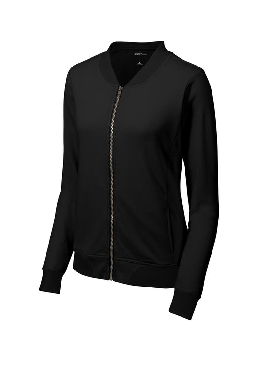 Front View of Black Sport-Tek Women's Lightweight French Terry Bomber LST274