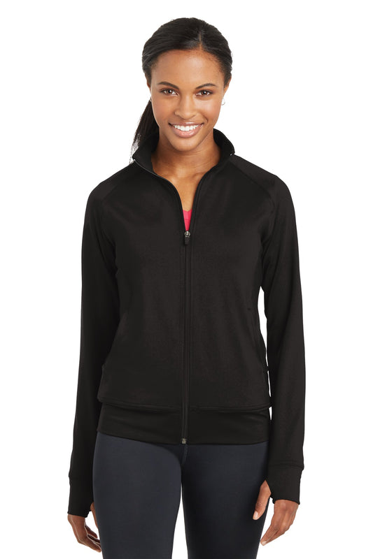 Front View of Black Sport-Tek® Women's NRG Fitness Jacket. LST885