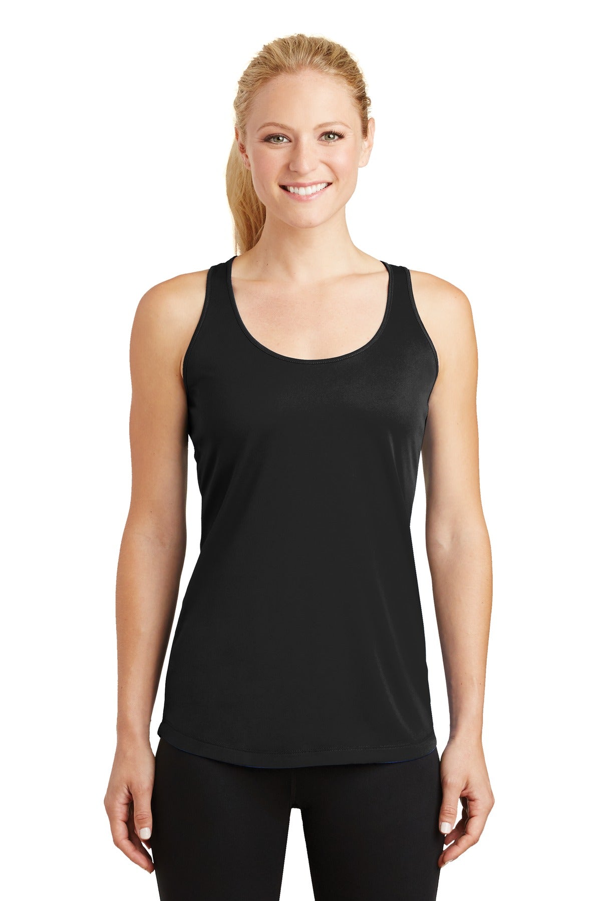 Front View of Black Sport-Tek Women's PosiCharge Competitor Racerback Tank. LST356