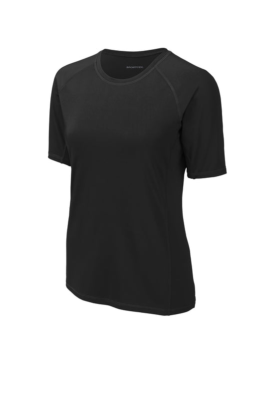 Front View of Black Sport-Tek Women's Rashguard Tee. LST470