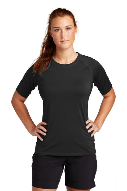Front View of Black Sport-Tek Women's Rashguard Tee. LST470