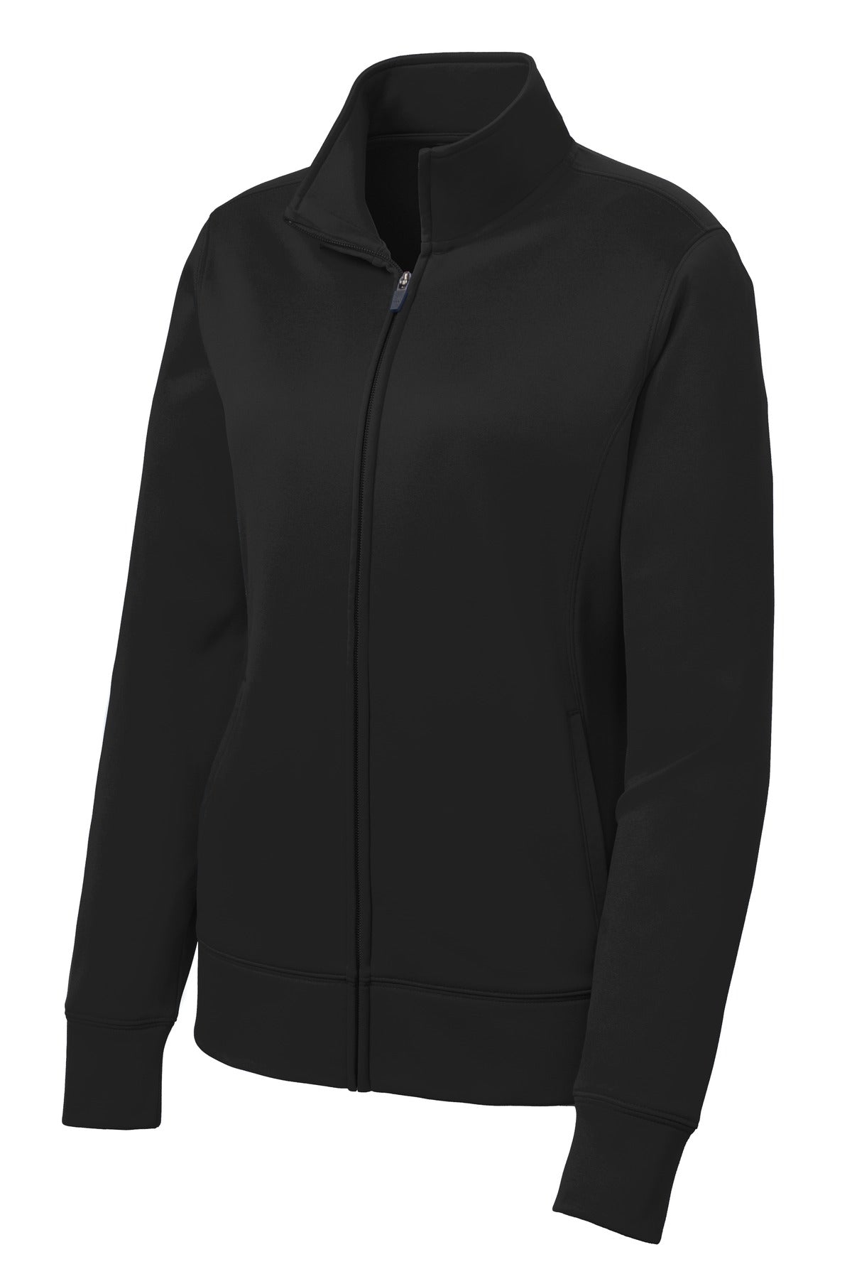Front View of Black Sport-Tek Women's Sport-Wick Fleece Full-Zip Jacket. LST241