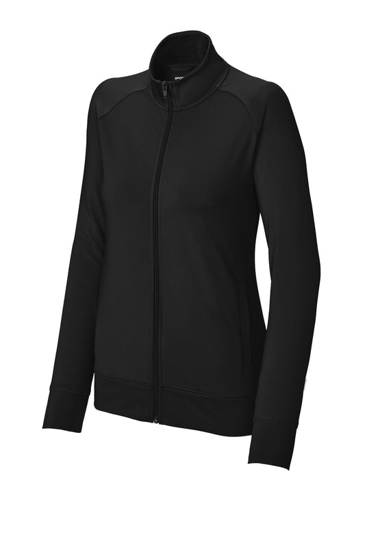 Front View of Black Sport-Tek Women's Sport-Wick Stretch Full-Zip Cadet Jacket LST857