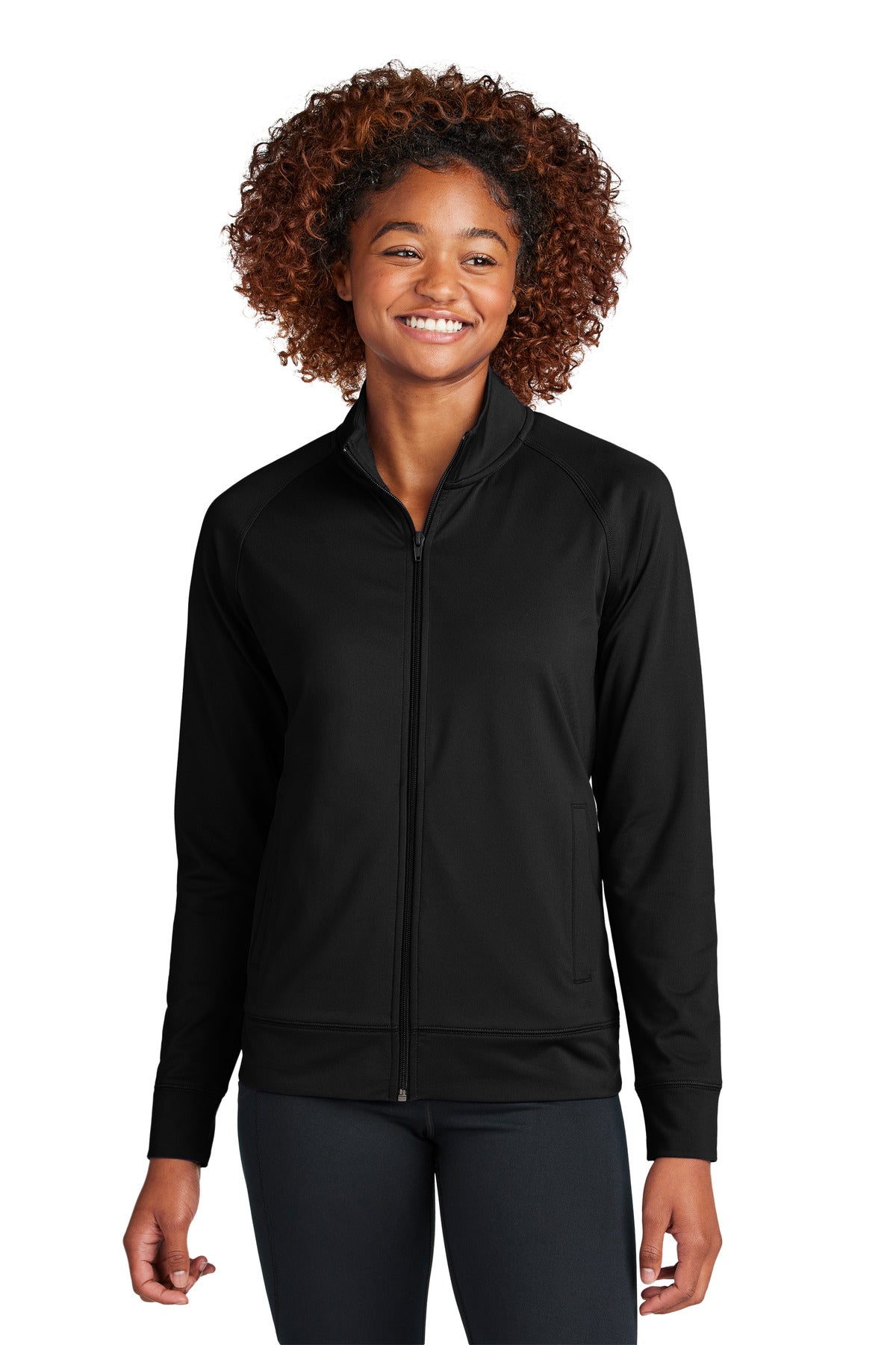 Front View of Black Sport-Tek Women's Sport-Wick Stretch Full-Zip Cadet Jacket LST857