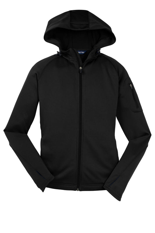 Front View of Black Sport-Tek Women's Tech Fleece Full-Zip Hooded Jacket. L248