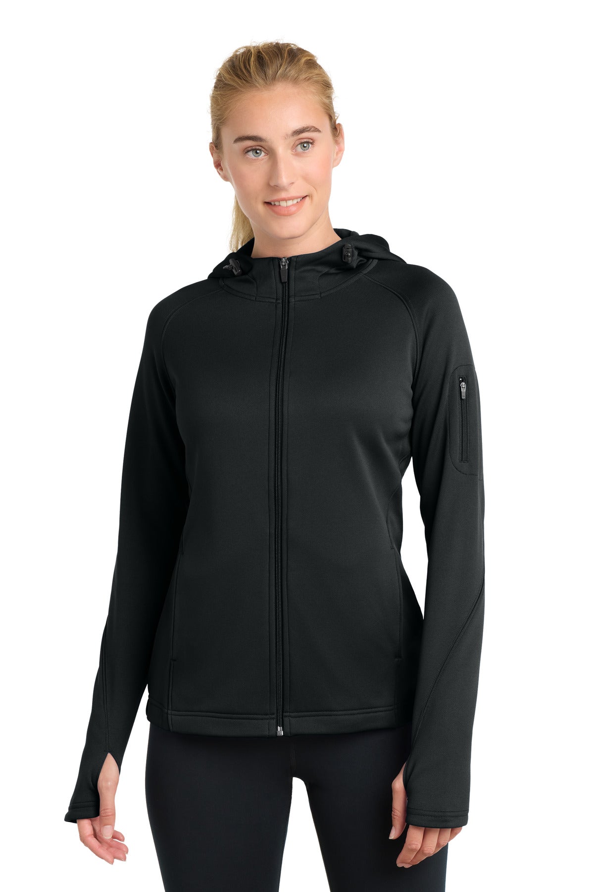 Front View of Black Sport-Tek Women's Tech Fleece Full-Zip Hooded Jacket. L248