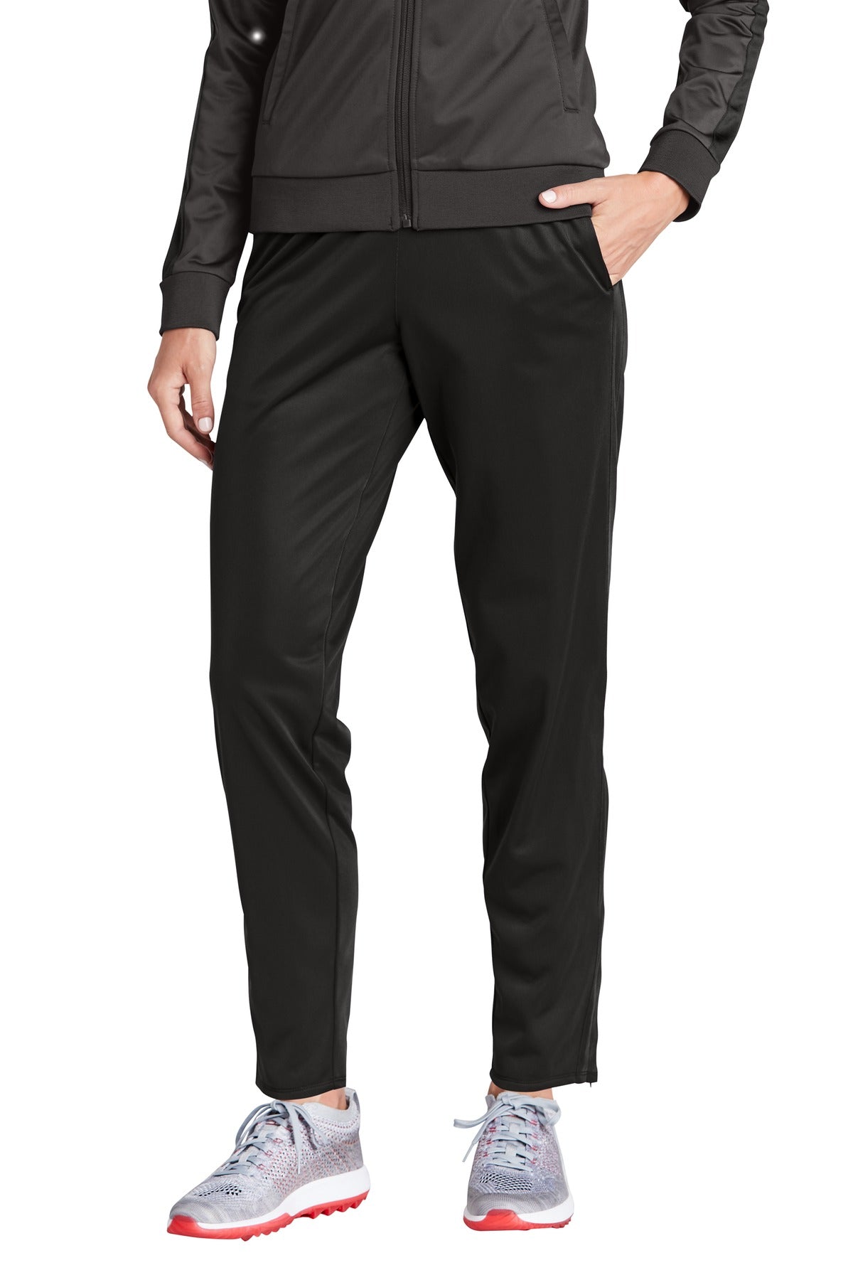 Front View of Black Sport-Tek Women's Tricot Track Jogger. LPST95