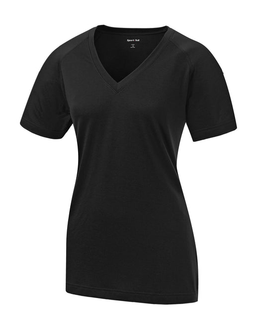 Front View of Black Sport-Tek Women's Ultimate Performance V-Neck. LST700
