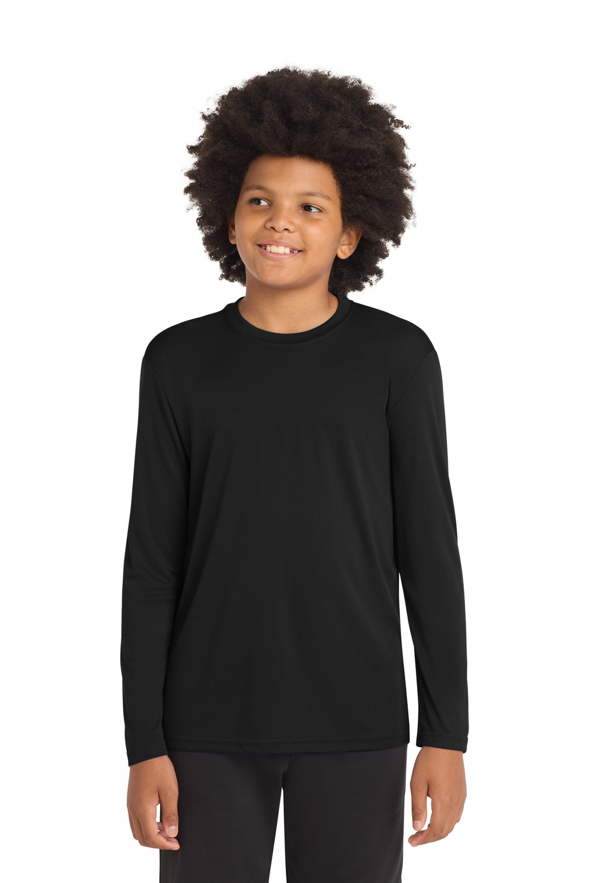 Front View of Black Sport-Tek Youth Long Sleeve PosiCharge Competitor Tee. YST350LS
