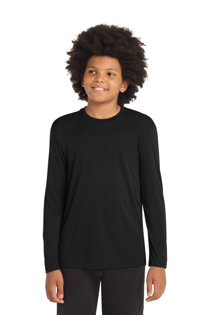 Front View of Black Sport-Tek Youth Long Sleeve PosiCharge Competitor Tee. YST350LS