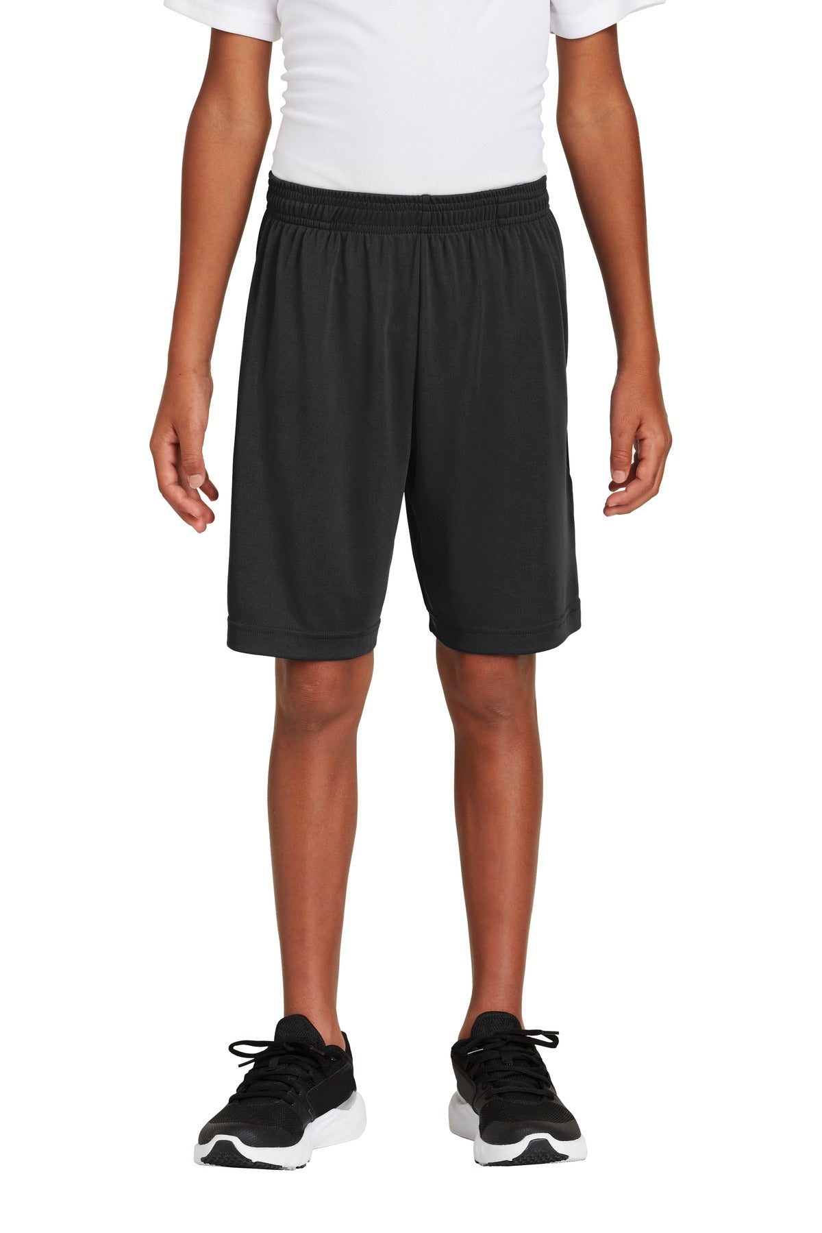 Front View of Black Sport-Tek Youth PosiCharge Competitor Pocketed Short. YST355P
