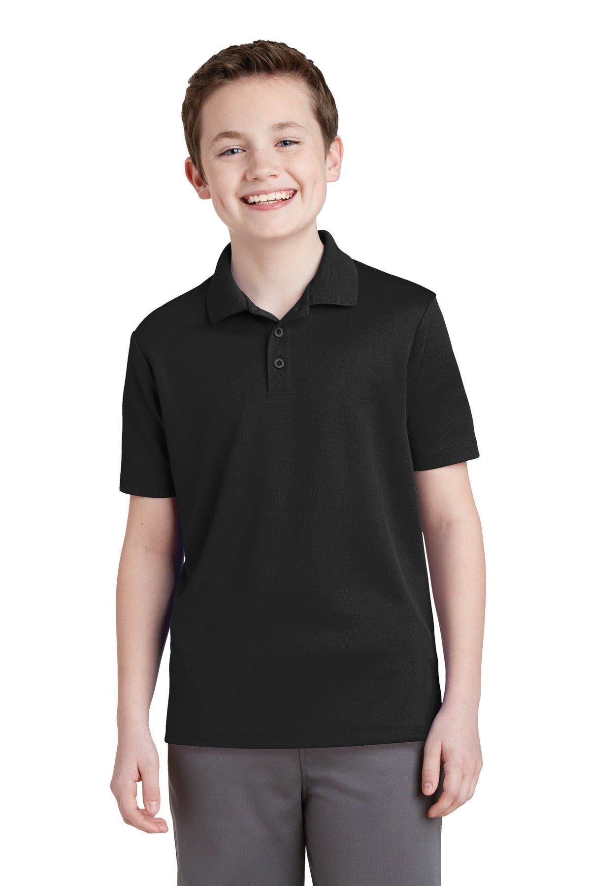 Front View of Black Sport-Tek Youth PosiCharge RacerMesh Polo. YST640