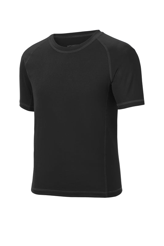 Front View of Black Sport-Tek Youth Rashguard Tee. YST470