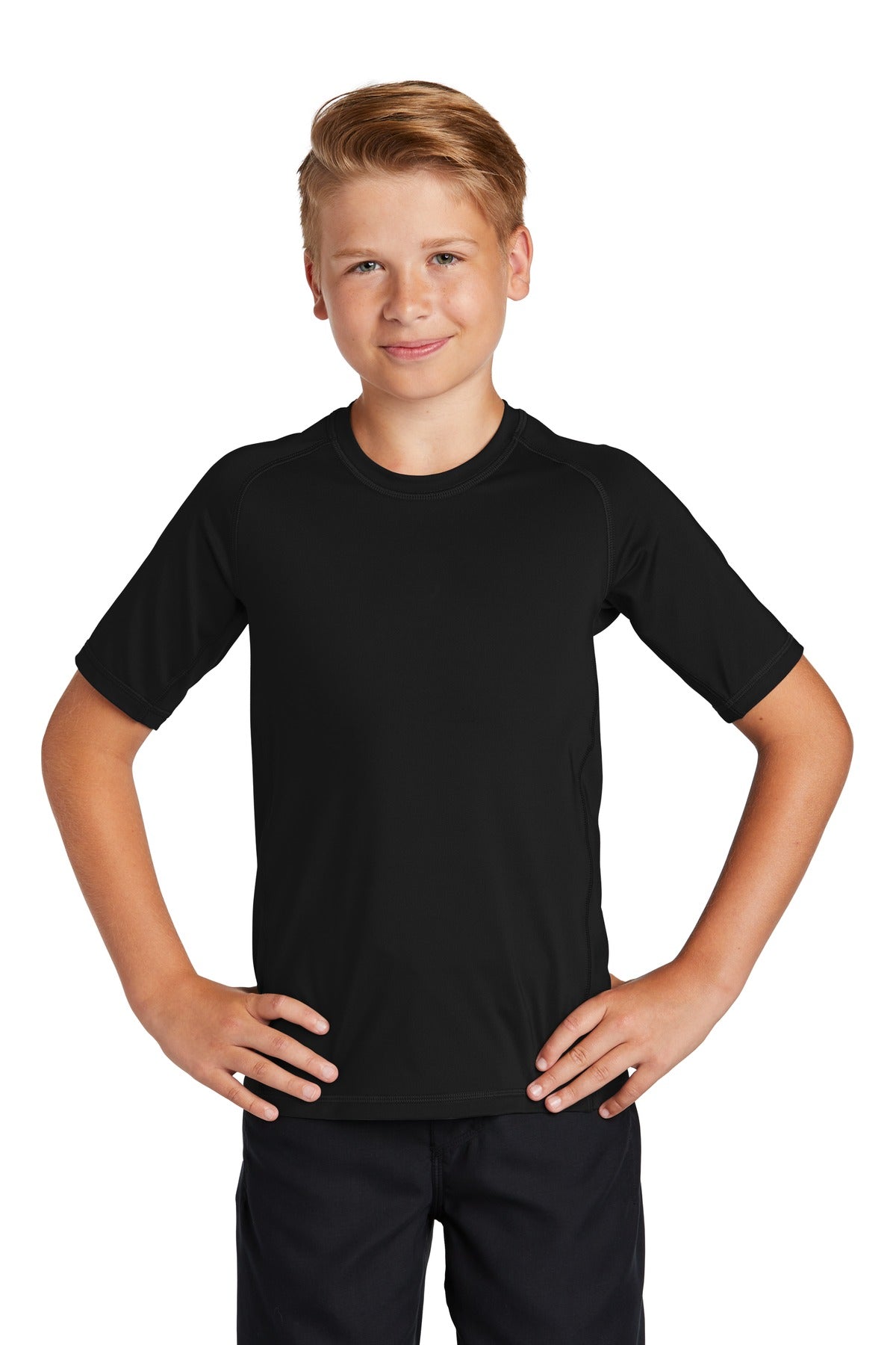 Front View of Black Sport-Tek Youth Rashguard Tee. YST470