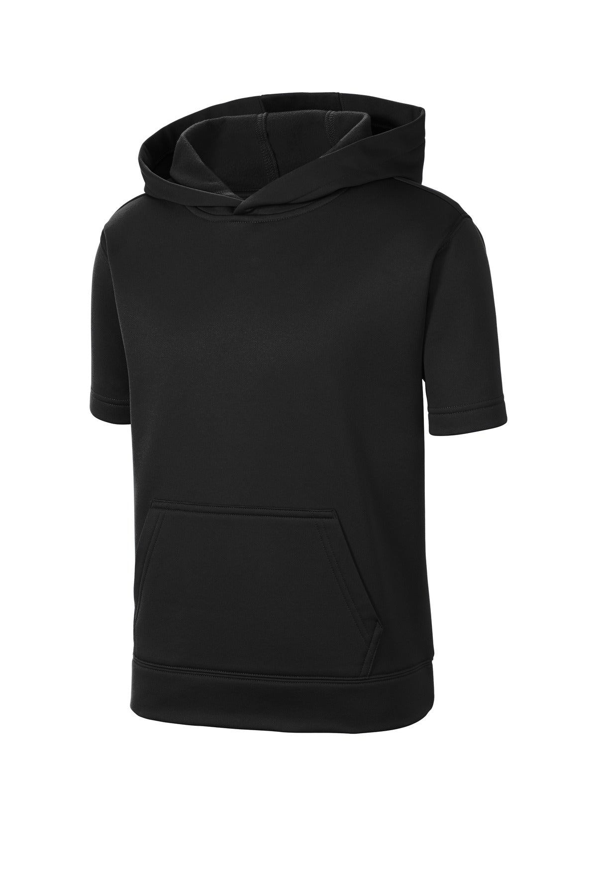 Front View of Black Sport-Tek Youth Sport-Wick Fleece Short Sleeve Hooded Pullover. YST251