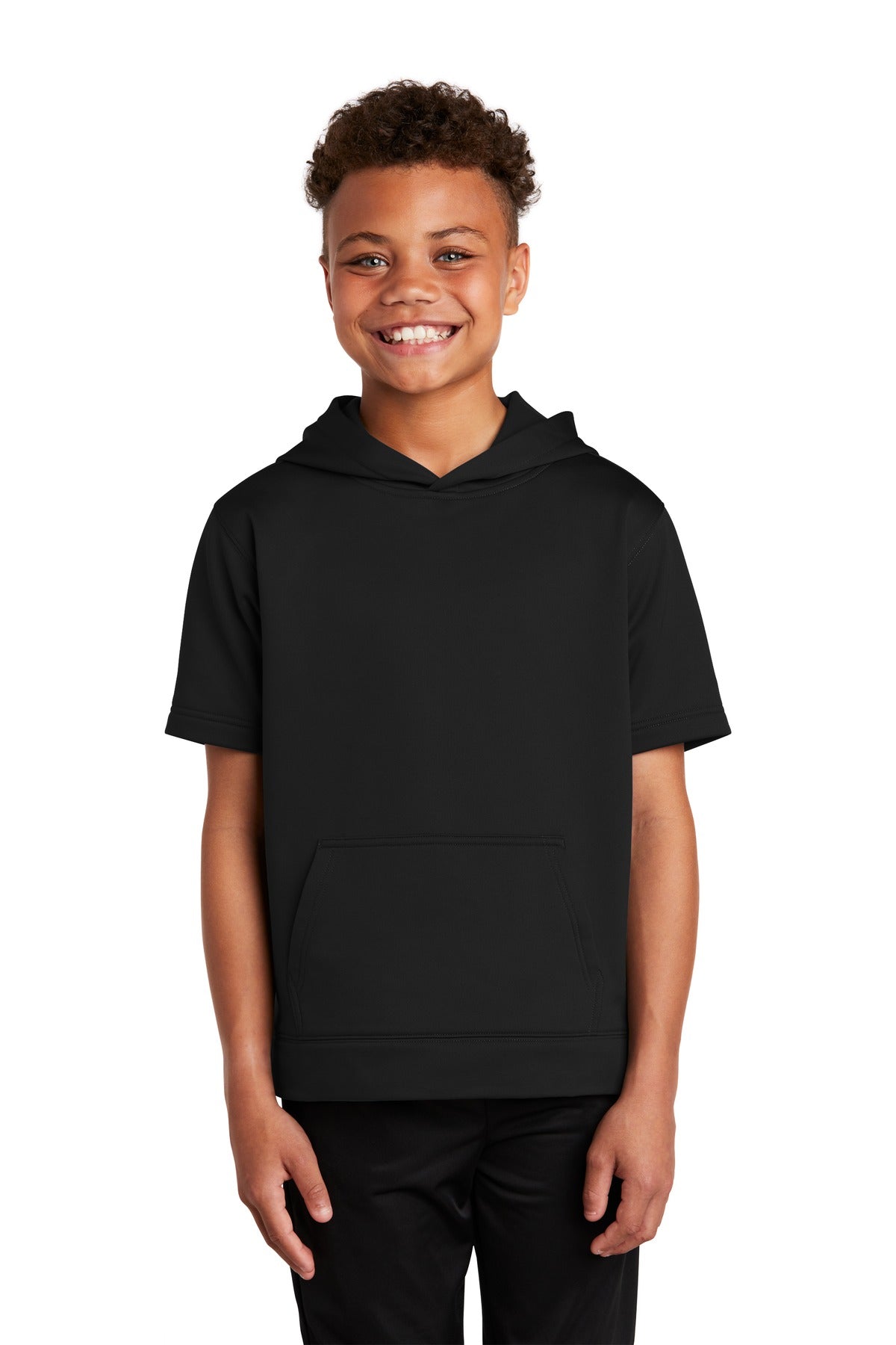 Front View of Black Sport-Tek Youth Sport-Wick Fleece Short Sleeve Hooded Pullover. YST251
