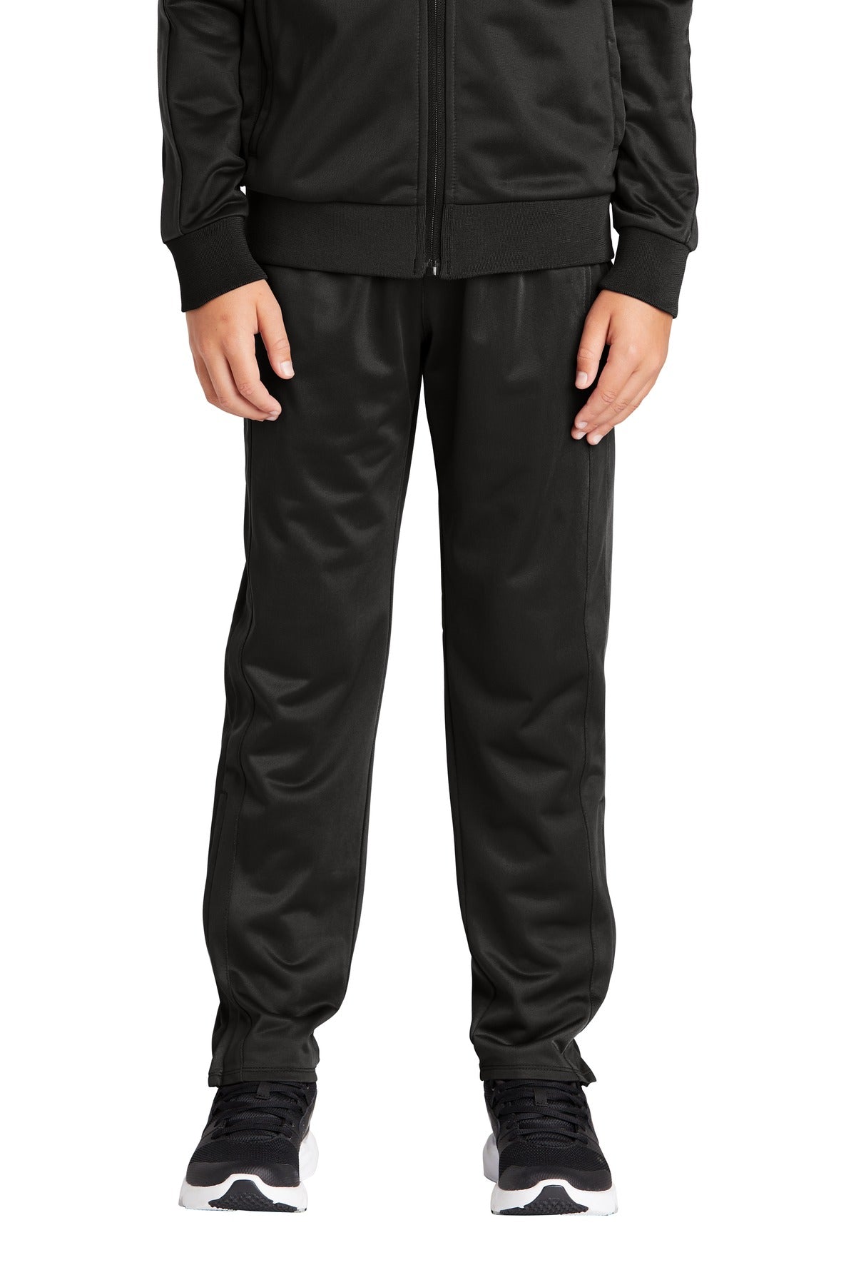 Front View of Black Sport-Tek Youth Tricot Track Jogger. YPST95