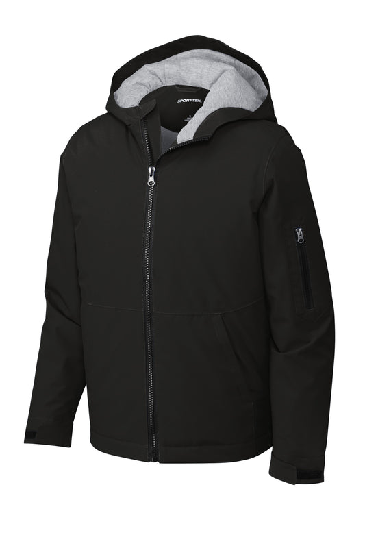Front View of Black Sport-Tek Youth Waterproof Insulated Jacket YST56