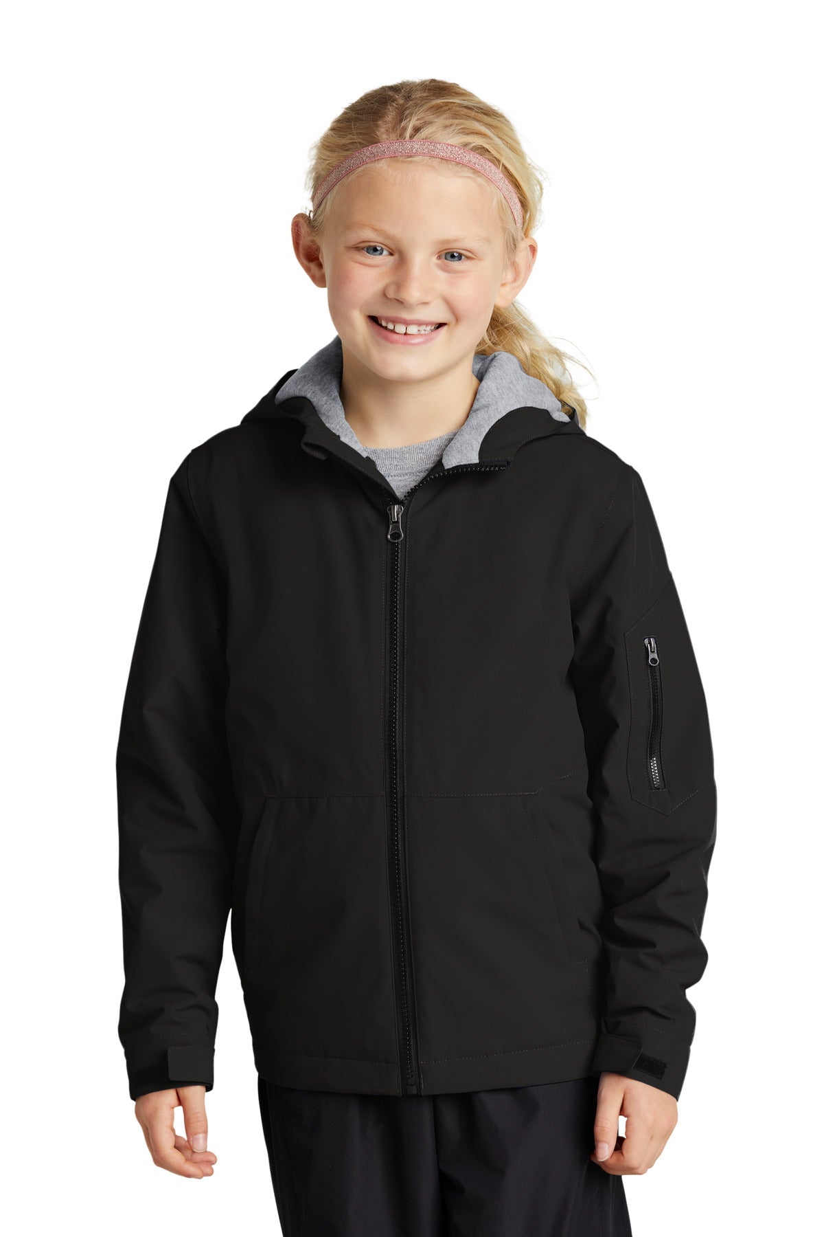 Front View of Black Sport-Tek Youth Waterproof Insulated Jacket YST56