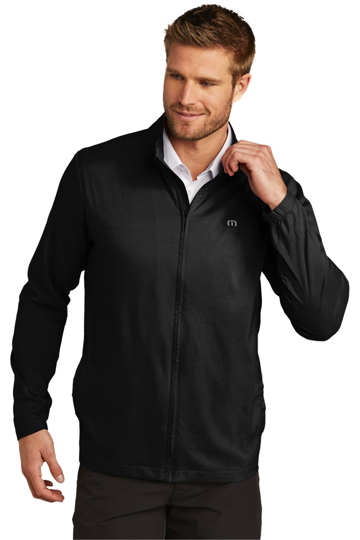 Front View of Black TravisMathew Surfside Full-Zip Jacket. TM1MU422