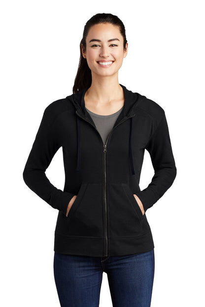 Front View of Black Triad So Sport-Tek Women's PosiCharge Tri-Blend Wicking Fleece Full-Zip Hooded Jacket LST293