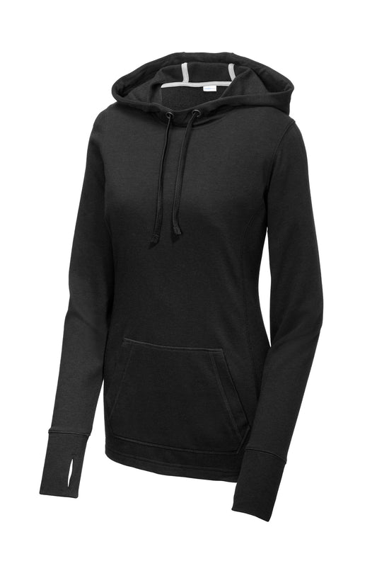 Front View of Black Triad So Sport-Tek Women's PosiCharge Tri-Blend Wicking Fleece Hooded Pullover. LST296
