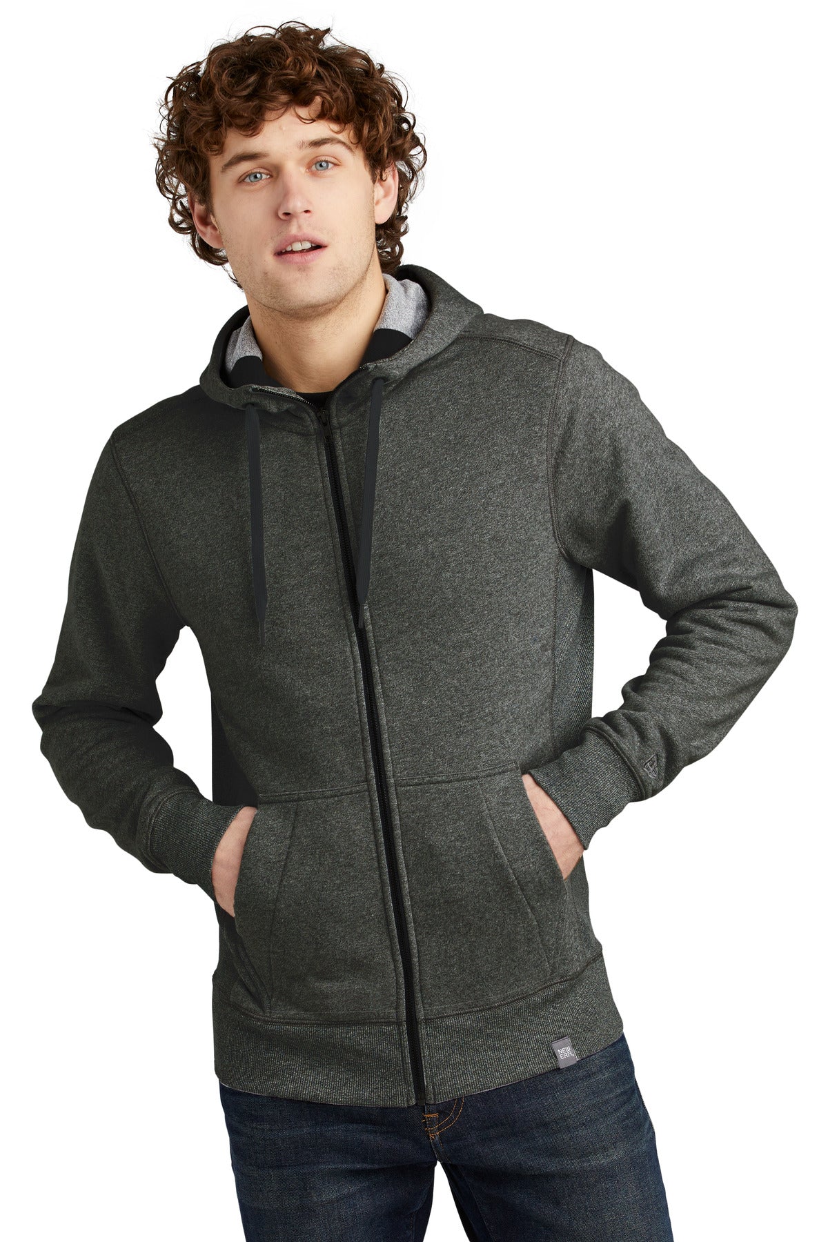 Front View of Black Twist New Era French Terry Full-Zip Hoodie. NEA502
