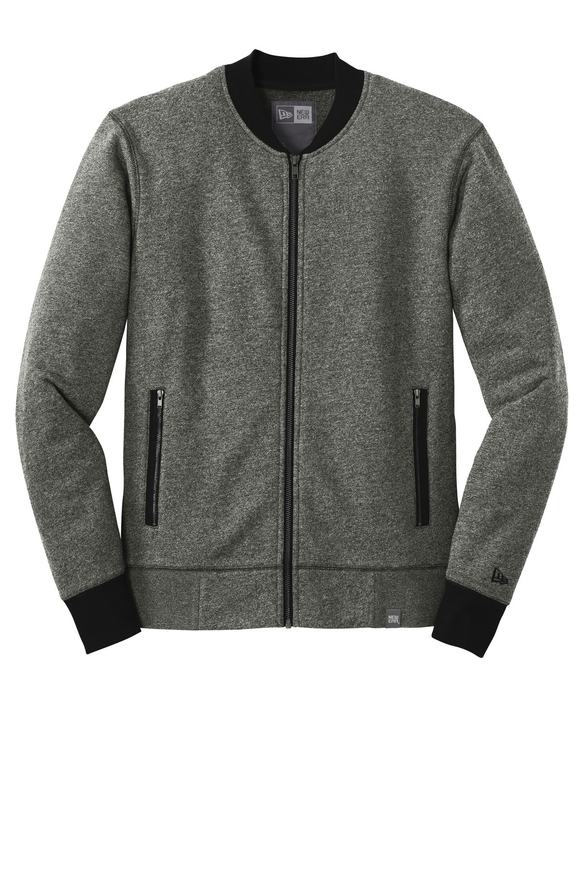 Front View of Black Twist/Bk New Era French Terry Baseball Full-Zip. NEA503