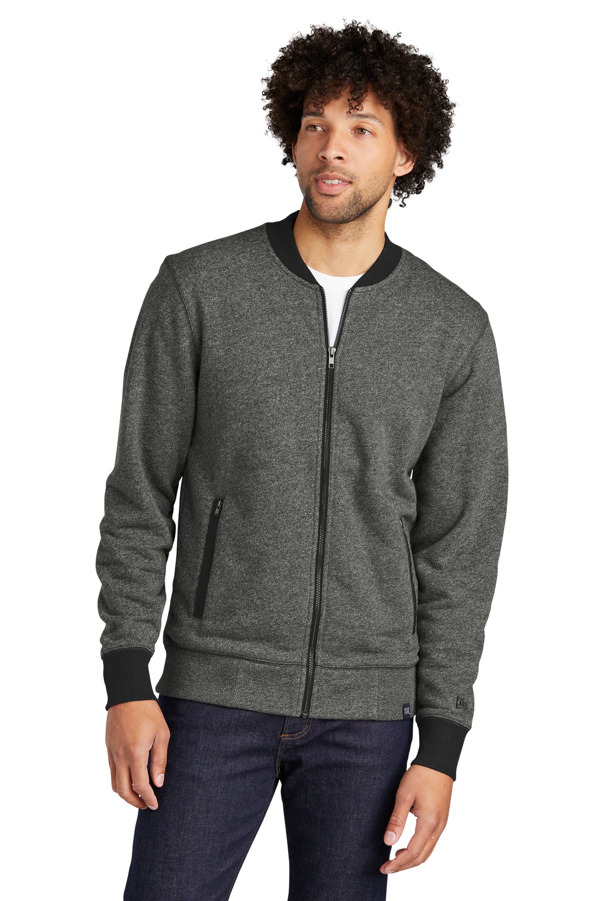Front View of Black Twist/Bk New Era French Terry Baseball Full-Zip. NEA503