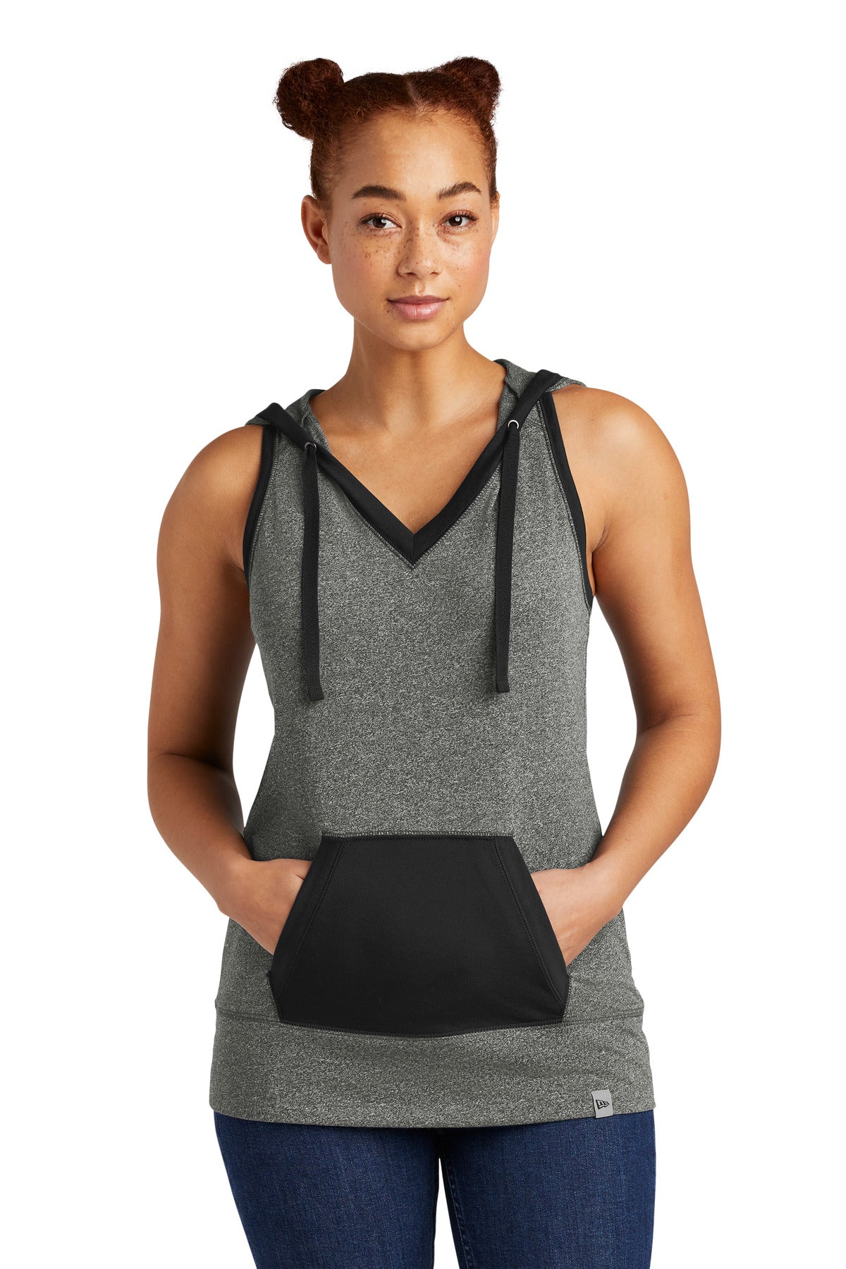 Front View of Black Twist/Bk New Era Women's Heritage Blend Hoodie Tank. LNEA106