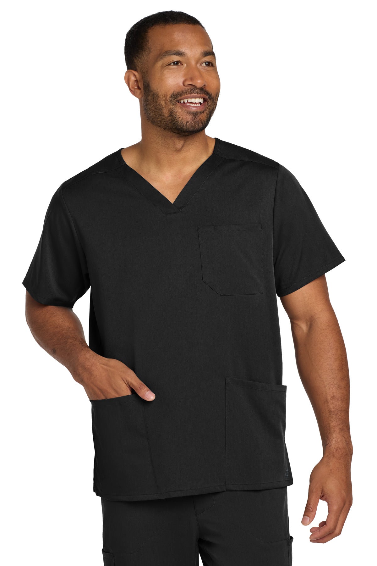 Front View of Black Wink Men's Premiere Flex V-Neck Top WW5068