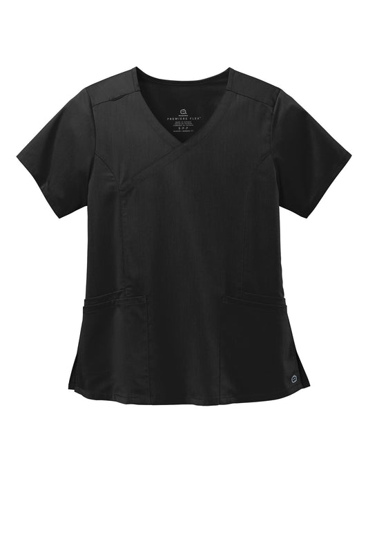 Front View of Black Wink Women's Premiere Flex Mock Wrap Top WW4268